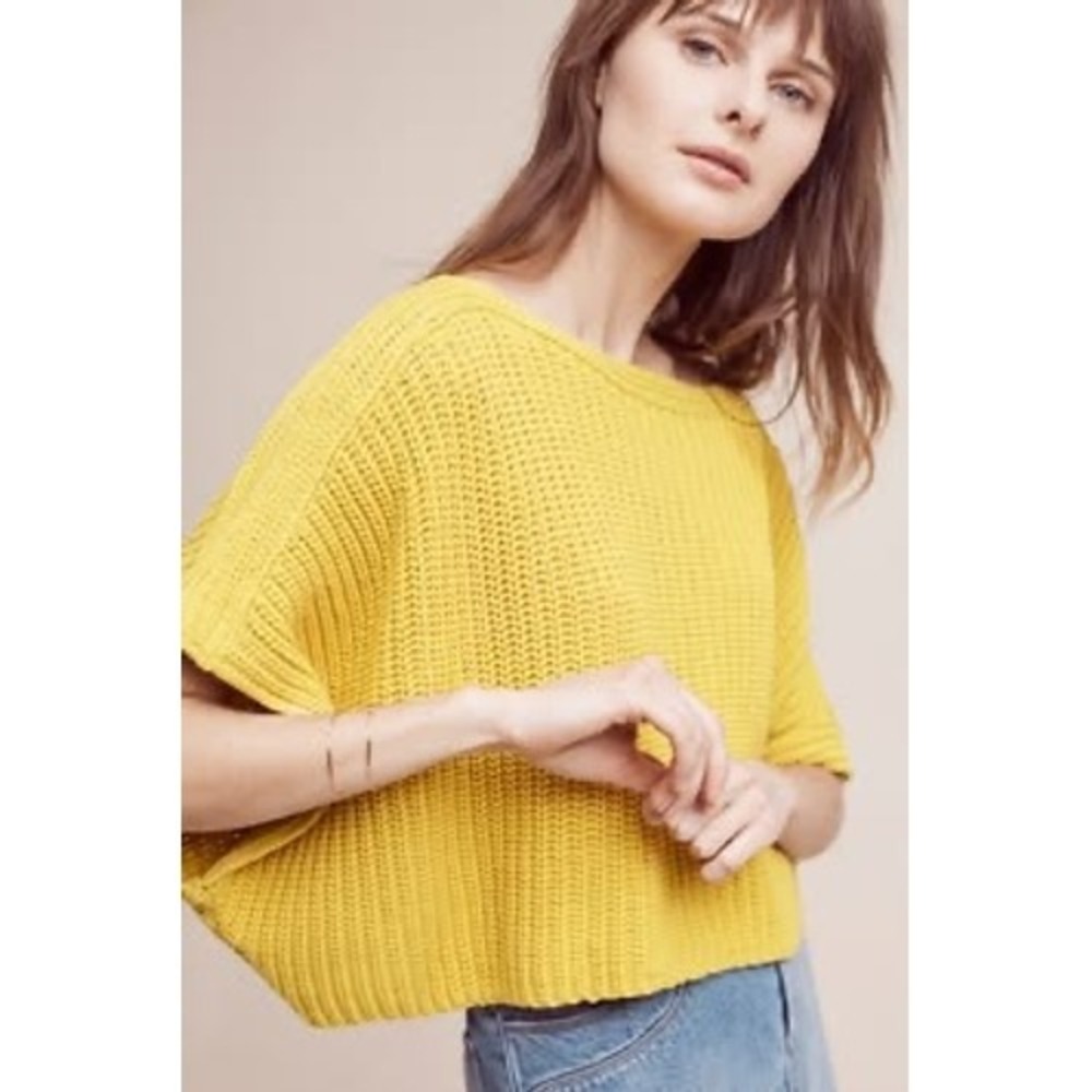 Anthropologie Moth Yellow Chunky Knit Cropped Dolman Sweaer -sz. L